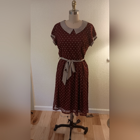 Retro DownEast Polka Dot Maroon Midi Dress - Picture 1 of 4